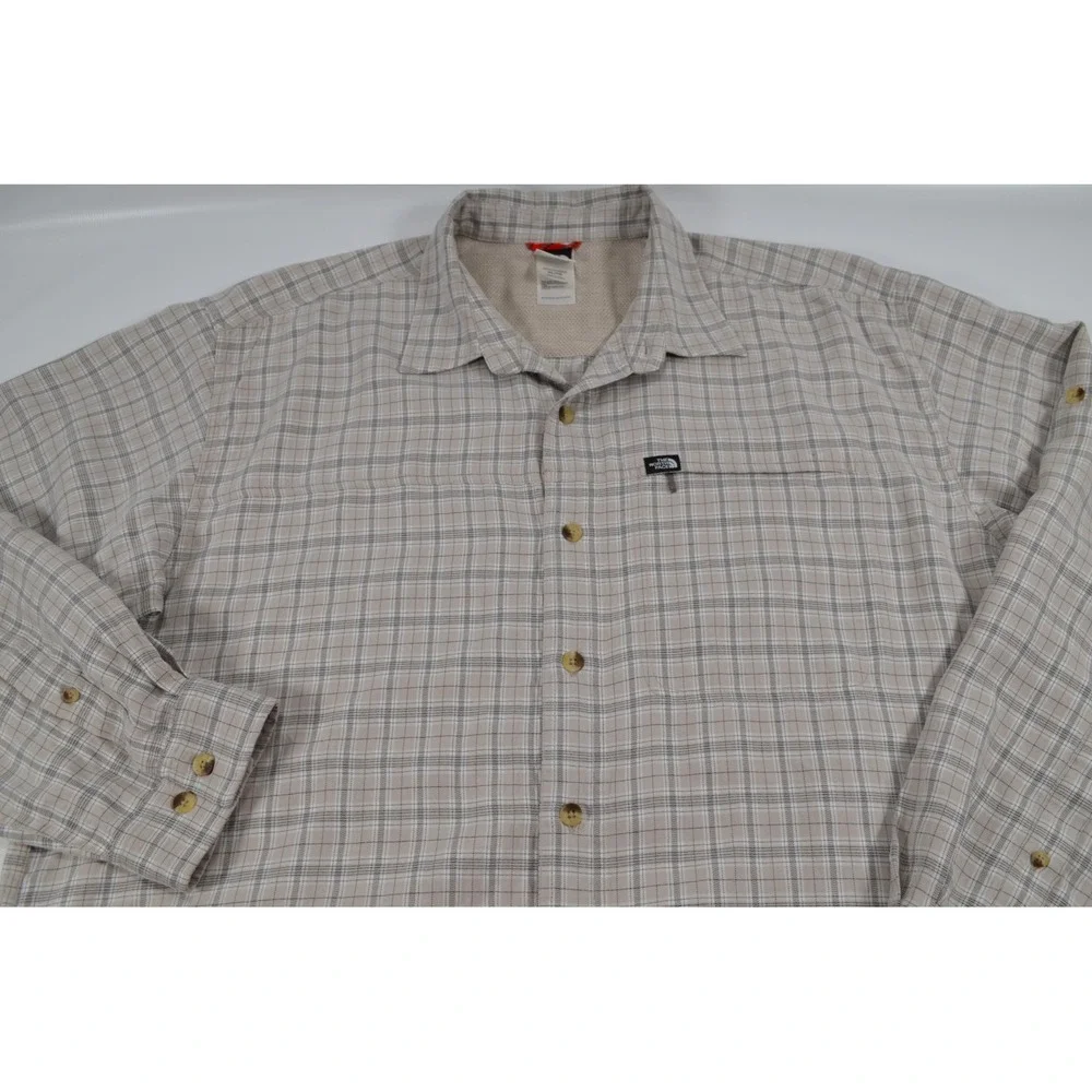 The North Face Long‎ Sleeve Button Up Shirt Men's Size XL Beige Black Plaid Nice